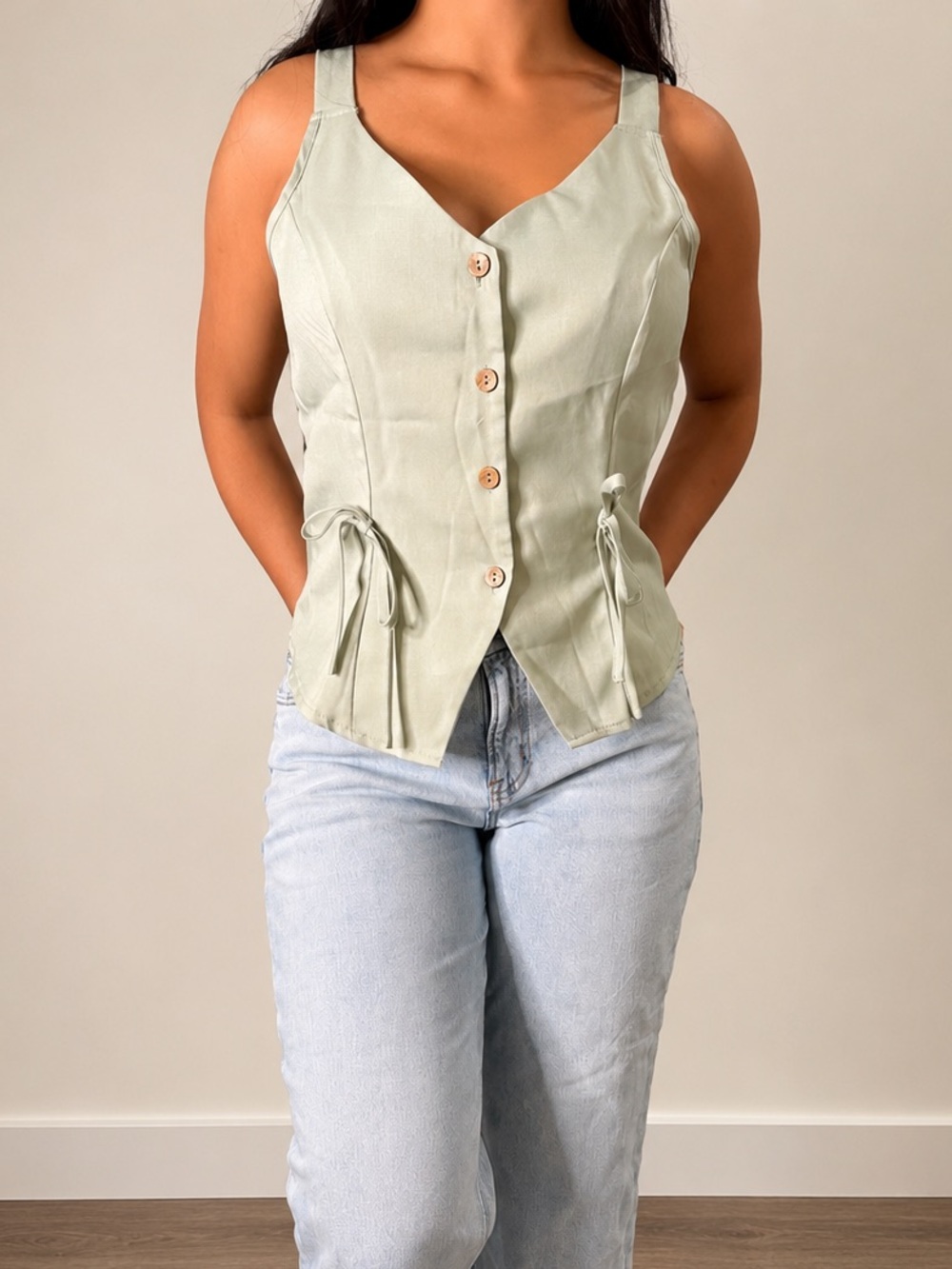 Sleeveless Button-Front Tank Top in Sage Green